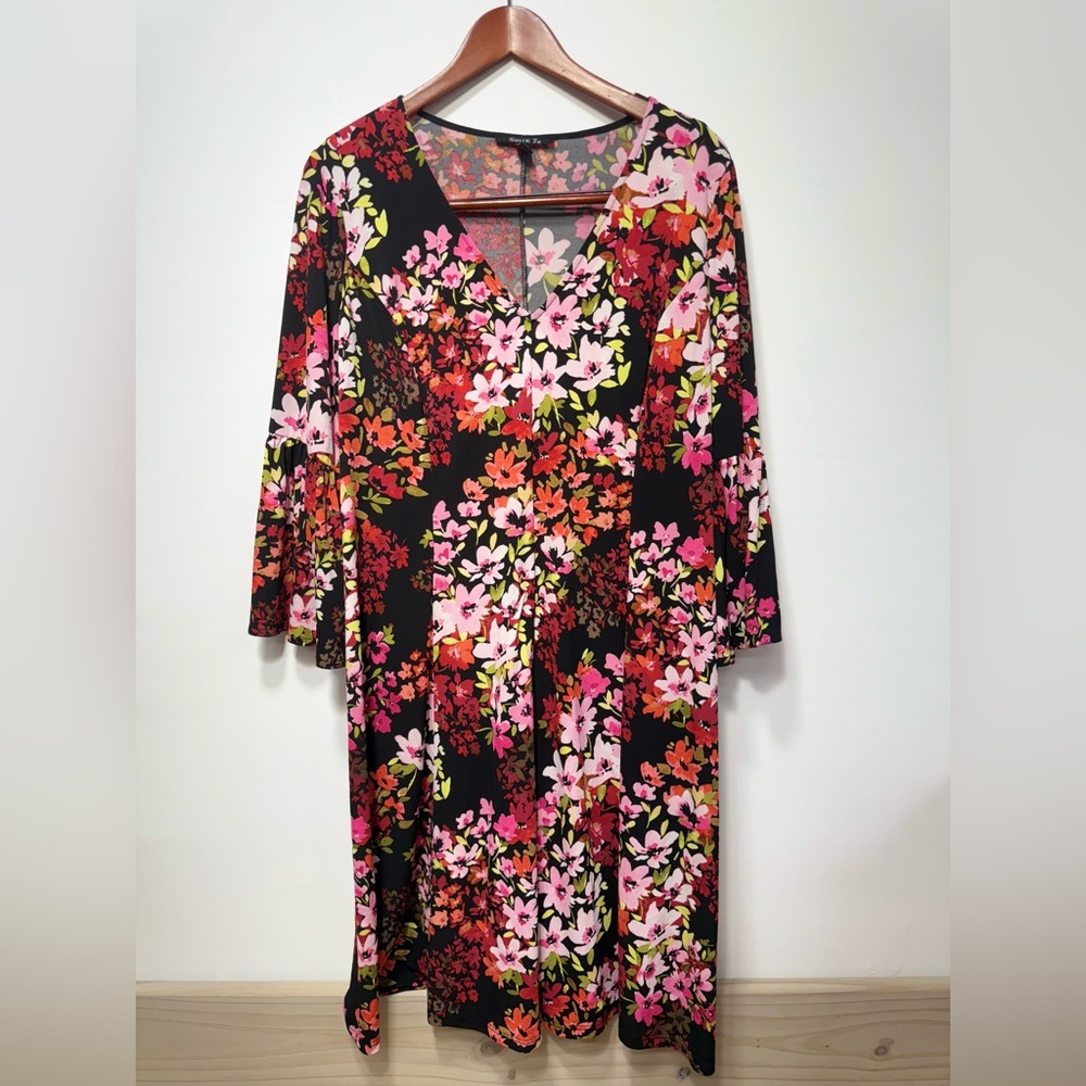 Floral Midi Dress - Black, Pink, Orange